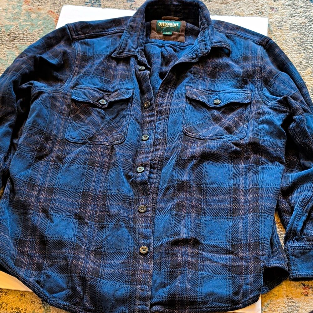 Outdoor Life Men's XL Flannel Shirt Blue Black Plaid 100% Cotton Long Sleeve